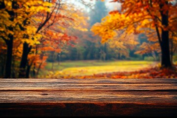 Wooden table and blurred autumn forest in a background, product display, food or drink montage stock photo
