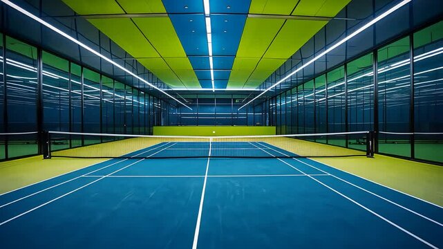Empty Indoor Tennis Court with Blue and Yellow Flooring and Modern Lighting - Sports and Recreation Facility Concept

