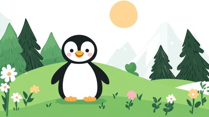 Obraz premium Cute Penguin in a Spring Mountain Meadow