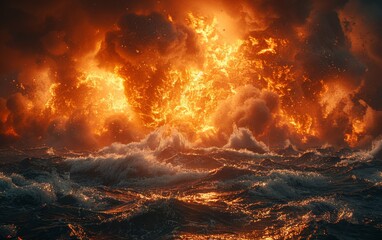 Stylized cinematic explosion at sea, massive water spray and fireball from a sunken ship, thick steam and smoke clouds lit by orange flame concept