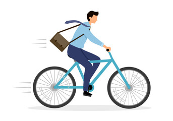 Businessman riding a bike hurrying up to work in flat design vector illustration.