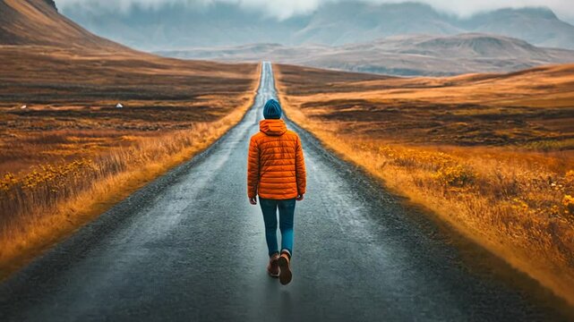 Person walking on an endless road towards the mountains, symbolizing determination and journey