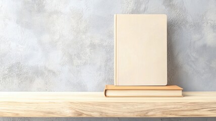 Minimalist Book Still Life on Wooden Shelf book standing blank cover wooden shelf table surface gray