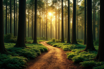 Obraz premium path through a forest with the sun shining through the trees
