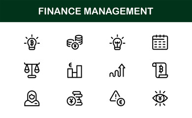 Modern Finance Management Icon Set Vector Illustration. Featuring Essential Symbols for Budgeting, Investments, and Financial Planning for Professional Designs.