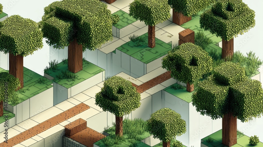 Poster Explore a Minimal Pixel Art World in a 3D Environment With Clean Layout and Vibrant Greenery During a Sunny Afternoon