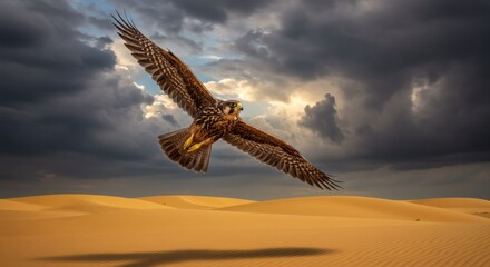 Naklejka premium Falcon in Flight Above Desert Landscape with Dramatic Sky