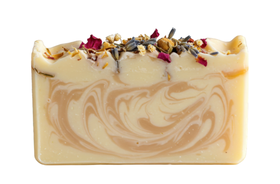 Handcrafted Organic Soap Bar with Natural Ingredients, Aromatic Scents, and Botanical Enhancements Featuring a Creamy Color Blend and Decorative Petals