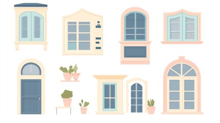 Fototapeta premium Colorful windows, doors, plants; building exterior design elements; home decor