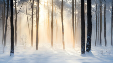 A Majestic Winter Scene: Sunlight Filtering Through a Snowy Forest Canopy