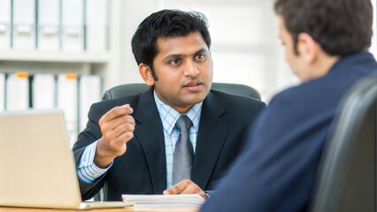 Indian Business Consultant Advising Client Across Table in Office Meeting
