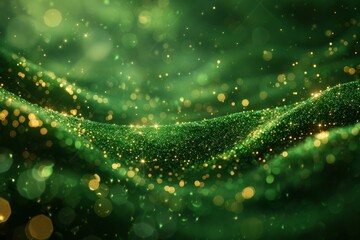 Subtle waves of green glitter forming elegant 2D backdrop with softly diffused reflective particles giving suspended fine glitter effect in smooth radiant style. Glitter texture background concept