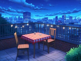 Fototapeta premium A rooftop terrace at night during a summer vacation in the city, with a glowing skyline in the background and a checkered tablecloth set for two under fairy lights