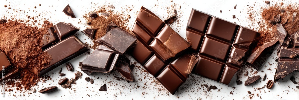 Poster broken chocolate bar and cocoa powder arranged on bright white surface highlighting rich textures an