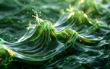Swirling green liquid captured in mid-motion, forming dynamic curves with glossy surfaces, radiating under a focused light over a black backdrop concept