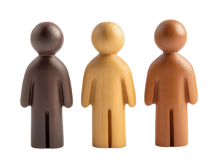 Three wooden figures isolated on transparent background