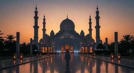 Naklejka premium Grand Mosque at Sunset Silhouette with a Person Walking Towards It