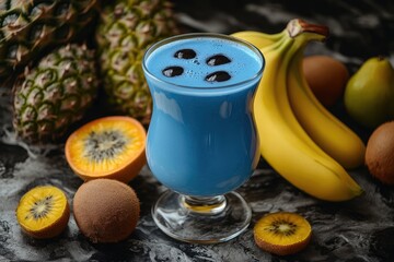 Vibrant blue smoothie with fresh fruit