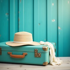 Summer Vacation Concept with Teal Suitcase and Straw Hat on Wooden Surface