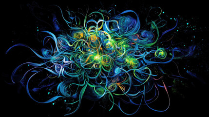 A vibrant, abstract illustration of a brain's neural network, where blue and green neuron cells, like glowing knots, connect and transmit electrical and chemical signals, symbolizing the power 