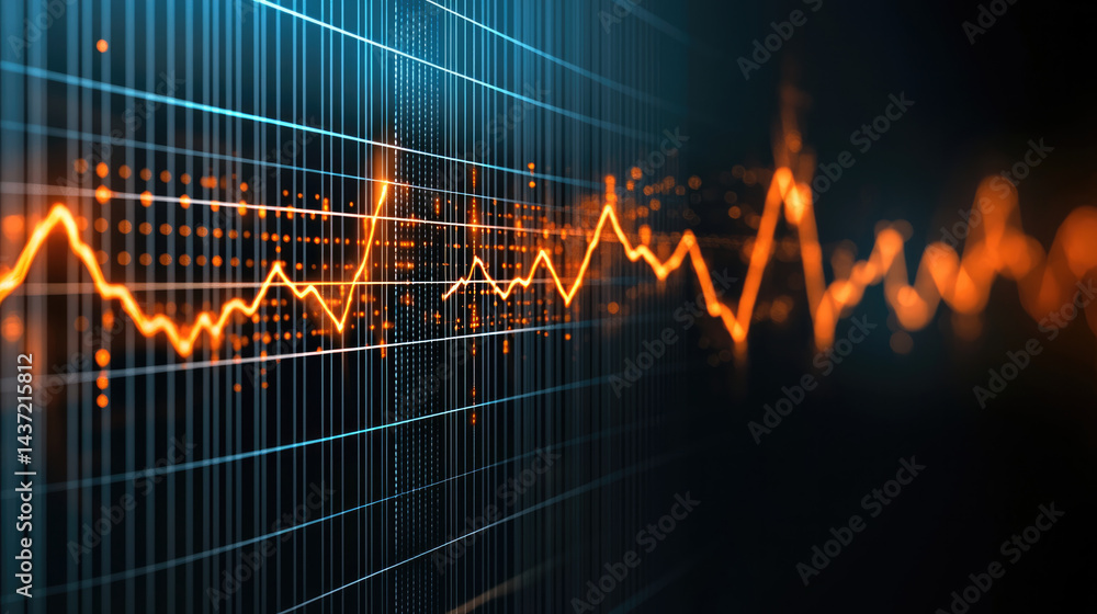 Poster Dynamic orange line graph on dark grid background, representing financial data analysis, market trends, and economic growth with futuristic and energetic mood