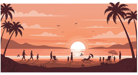 Flat design illustration of people enjoying a beach sunset