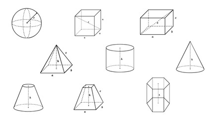 Set, collection of 3D geometric shapes: cube, rectangular prism, prism, pyramid, circular cylinder, circular cone, frustum of a cone, frustum of a pyramid, and sphere, education, STEM visuals