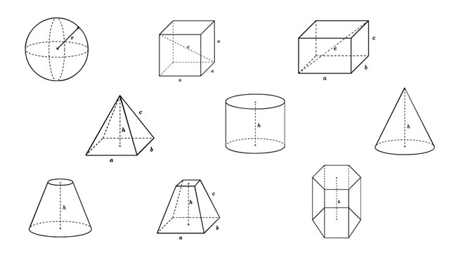 Set, collection of 3D geometric shapes: cube, rectangular prism, prism, pyramid, circular cylinder, circular cone, frustum of a cone, frustum of a pyramid, and sphere, education, STEM visuals