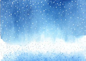 Obraz premium Watercolor winter landscape with snowfall on blue sky. Scenic winter background.