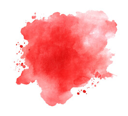 Red watercolor blob with texture and splashes isolated on black background, vector element