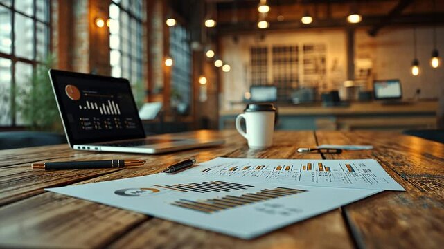 Financial Data Analysis on Wooden Desk with Laptop and Coffee in Stylish Office Space