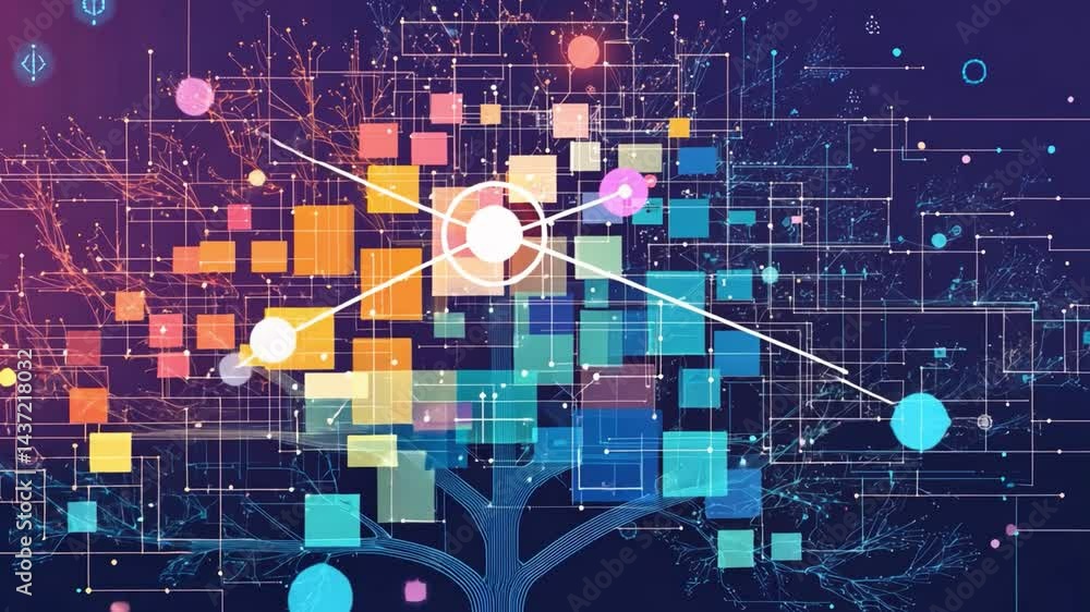 Poster colorful abstract tree design geometric shapes and lines symbolizing data connections and technology