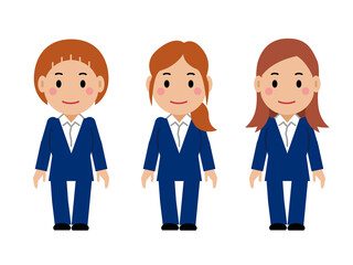 両手を下ろし、すまし顔の紺色スーツの若い女性。その2