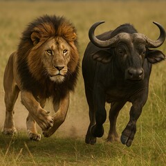 A fierce lion chases a powerful buffalo across the wild plains, captured in a vivid AI-generated artwork that brings the intensity of nature to life