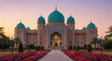 Exterior View of Beautiful Islamic Architecture with Garden at Sunset