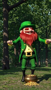 3D animated leprechaun with a pot of gold in a forest. Low-angle shot enhances the whimsical, magical feel, ideal for a fantasy video theme. Live mobile wallpaper.