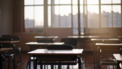Cozy school classroom with warm morning sunlight streaming through windows, for a welcoming intro scene, back to school concept - Powered by Adobe