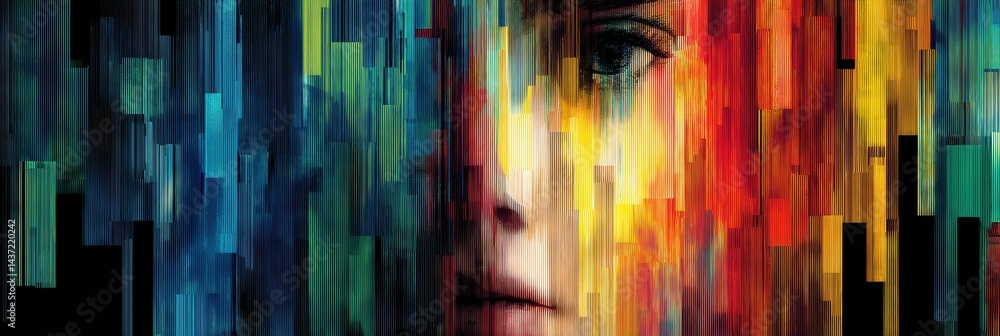 Fototapete Glitch Art Creation Depicting an AI Face With Fragmented Colors and Abstract Patterns in a Digital Landscape