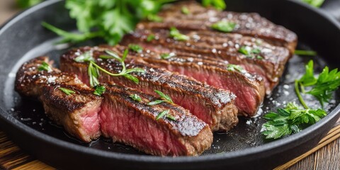Steakhouse Chef Concept. Juicy Grilled Steak with Fresh Herbs on Black Cast Iron Plate Ready to Serve and Enjoy