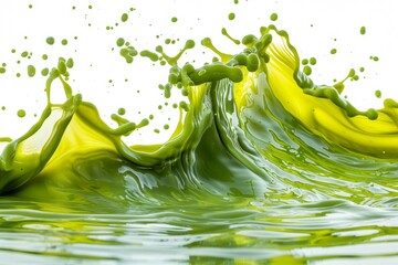 Vivid green fluid splash arcing upward forming dynamic curves and smooth surfaces isolated on white background. Abstract liquid motion concept