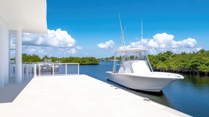 Obraz premium Luxurious waterfront property with a boat docked