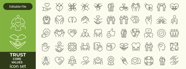 Trust line editable icon set. Containing trustworthy, confidence, credibility, promise, friends, truth, faith, honesty, core values, and more. Vector illustration