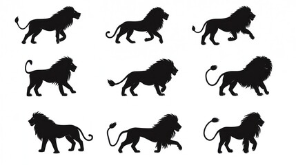Nine lion silhouettes, walking poses, white background, design element