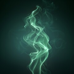 Vivid green smoke twisting elegantly in the air, isolated on a deep black background. The swirling form glows subtly, creating high contrast and a sense of motion concept