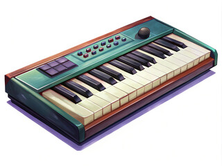 Vintage style synth keyboard with colorful interface and keys on white