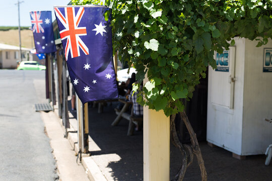 Australian flags hanging outside a pub