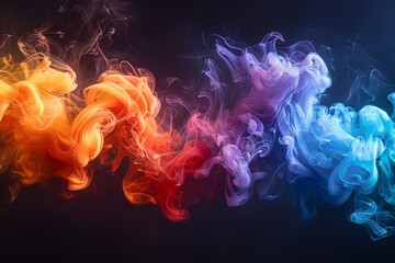 Vivid rainbow smoke trailing left to right in layered wisps with soft glowing texture against black background. Abstract colorful vapor concept