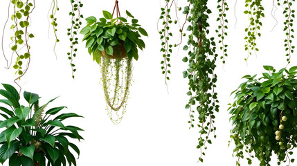 Lush cascading greenery and hanging vines (Philodendron, Pothos, Fern, Ivy, Creeping Fig, String of Pearls). PNG, isolated on transparent background with clipping path cutout.