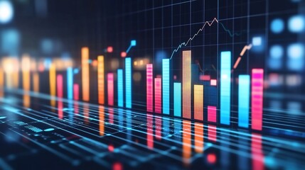 Colorful financial data charts, modern interface, city lights in background