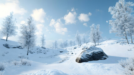 Serene winter landscape featuring snow-covered hills and frosted trees beneath a bright sky